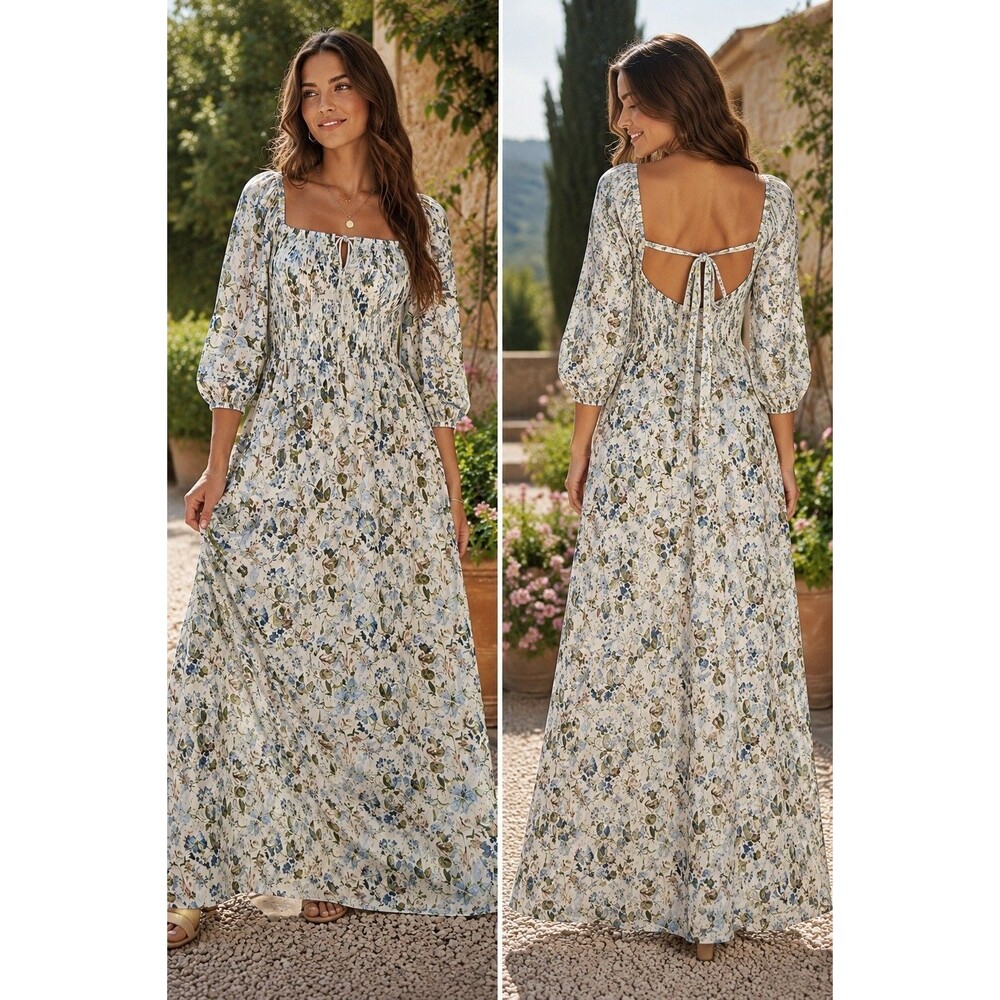 Primark Viscose Floral Maxi Dress 16 Smocked Tie Back Full Sleeve Ruffle Lined